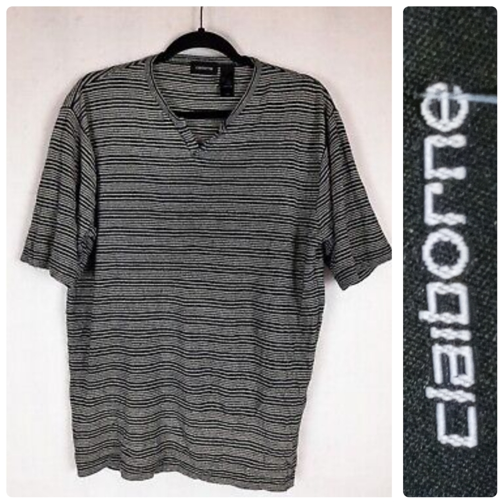 Vintage SILK Claiborne Mens Black White Striped Short Sleeve Shirt, Size XL